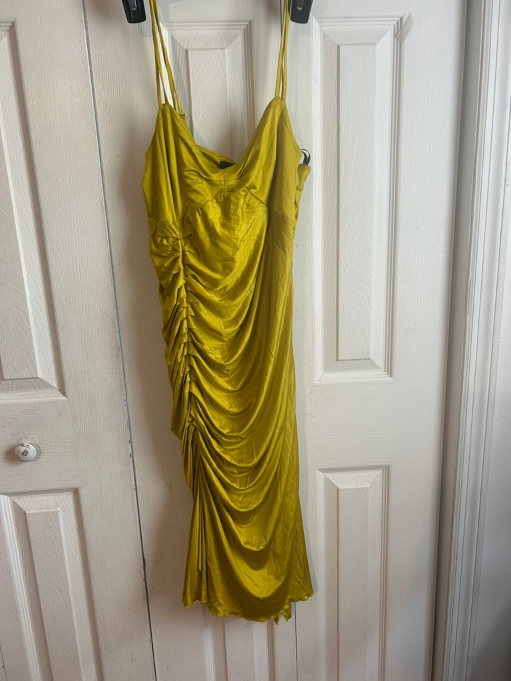 bebe Chartreuse Ruched Slip Midi Dress